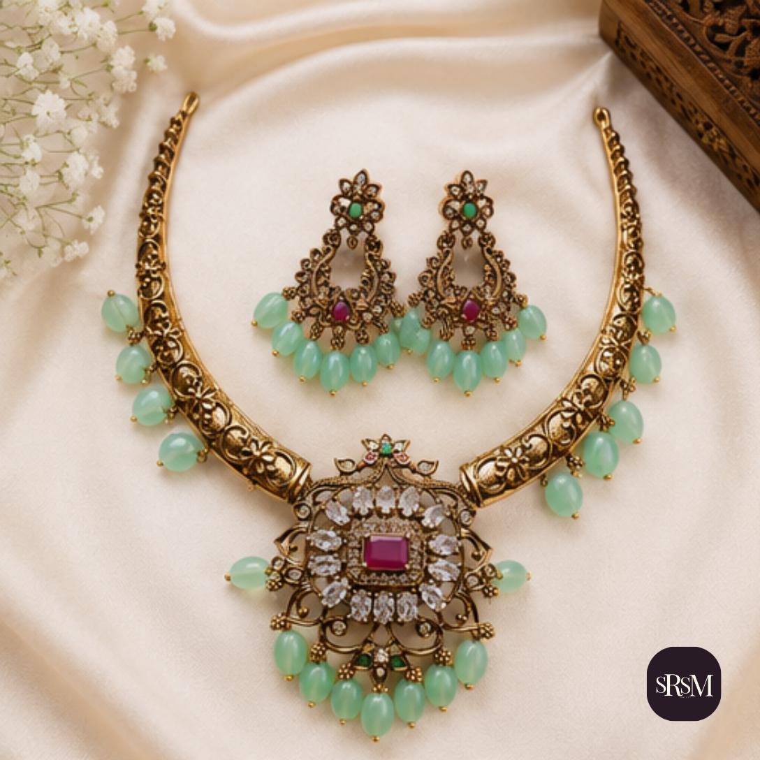 Traditional Antique Gold Collar Necklace Set with American Diamonds & Ruby Stones | Designer Matte Gold Jewellery