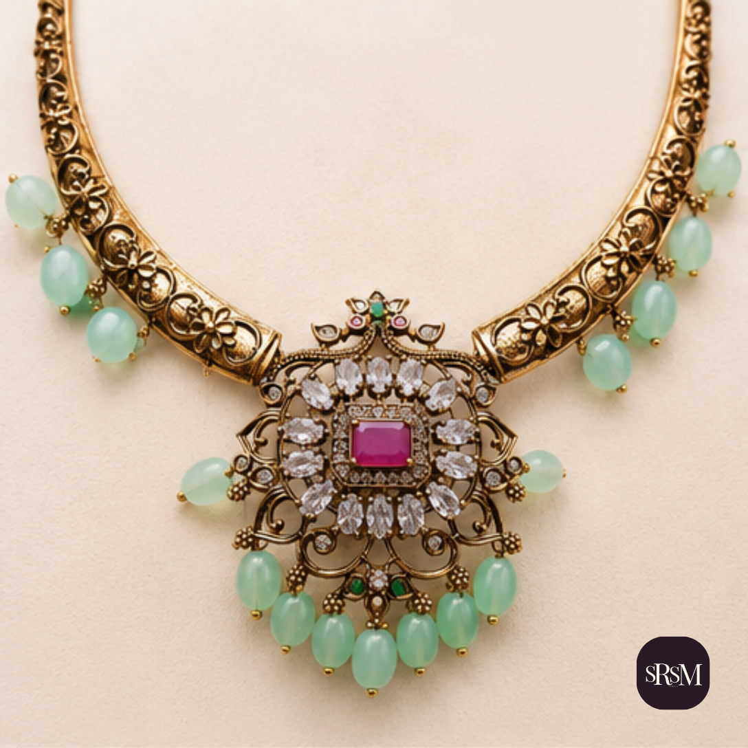 Traditional Antique Gold Collar Necklace Set with American Diamonds & Ruby Stones | Designer Matte Gold Jewellery - Image 6