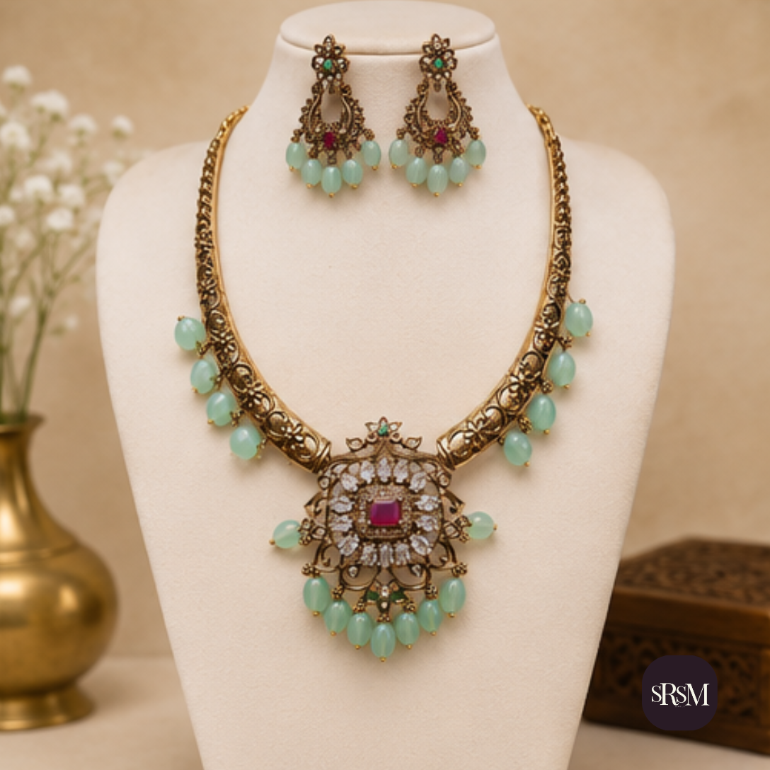 Traditional Antique Gold Collar Necklace Set with American Diamonds & Ruby Stones | Designer Matte Gold Jewellery - Image 4