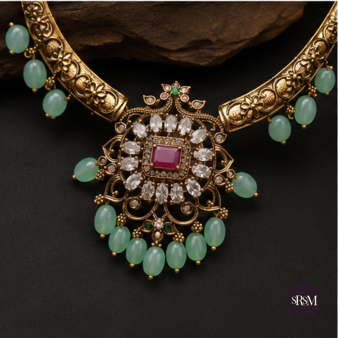 Traditional Antique Gold Collar Necklace Set with American Diamonds & Ruby Stones | Designer Matte Gold Jewellery - Image 3