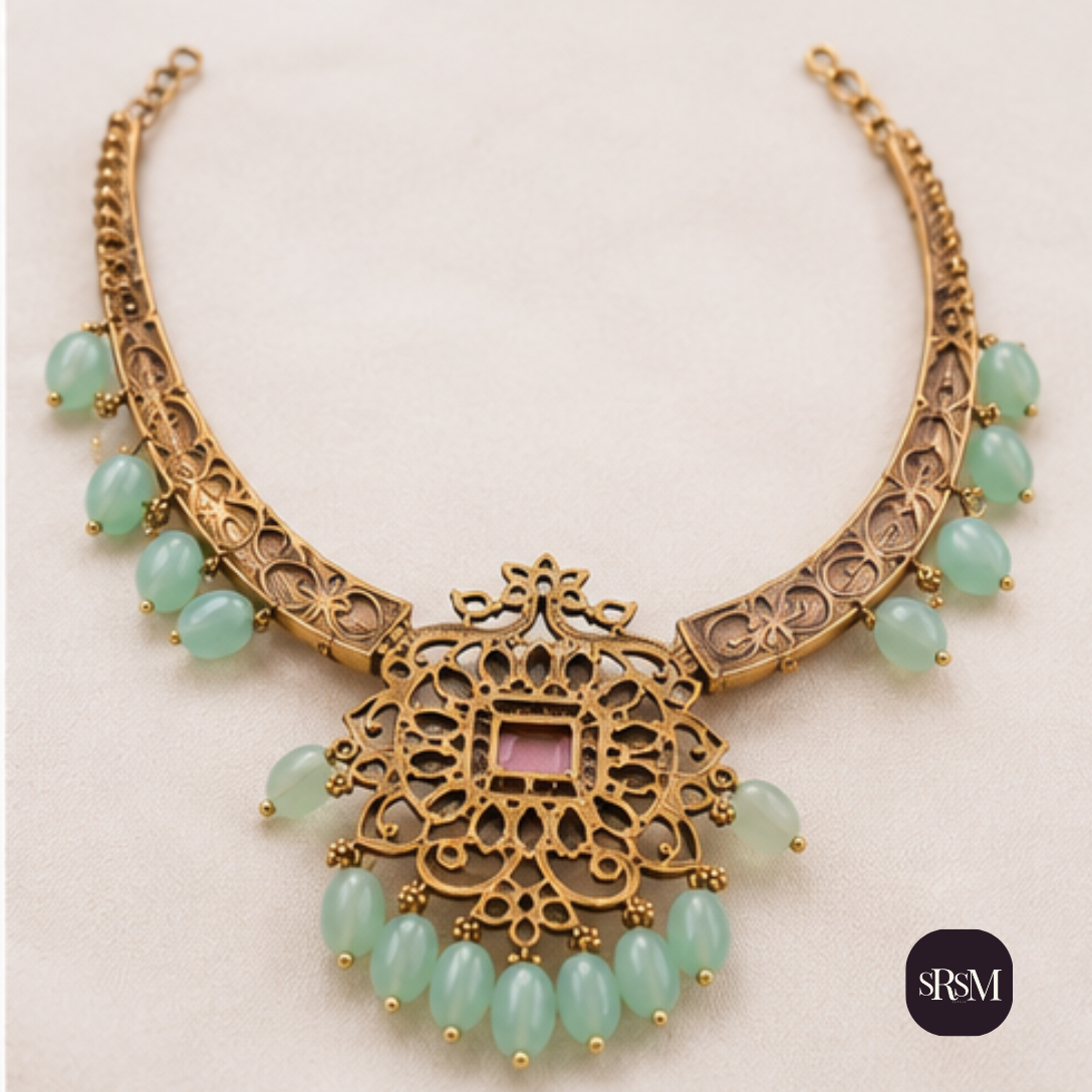 Traditional Antique Gold Collar Necklace Set with American Diamonds & Ruby Stones | Designer Matte Gold Jewellery - Image 2