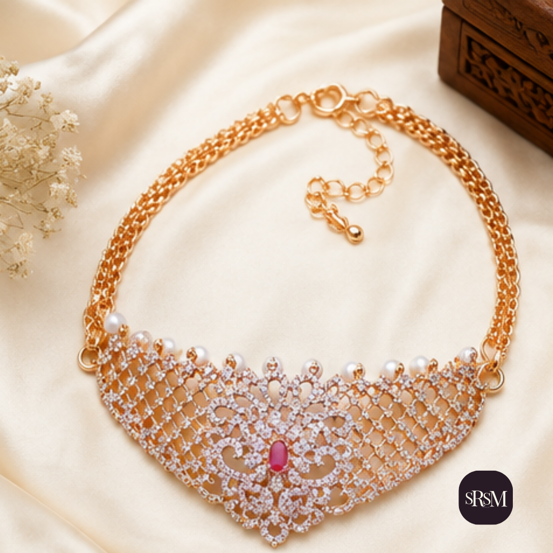 Elegant Ruby American Diamond Necklace with Gold Link Chain | Designer Party Wear Jewellery