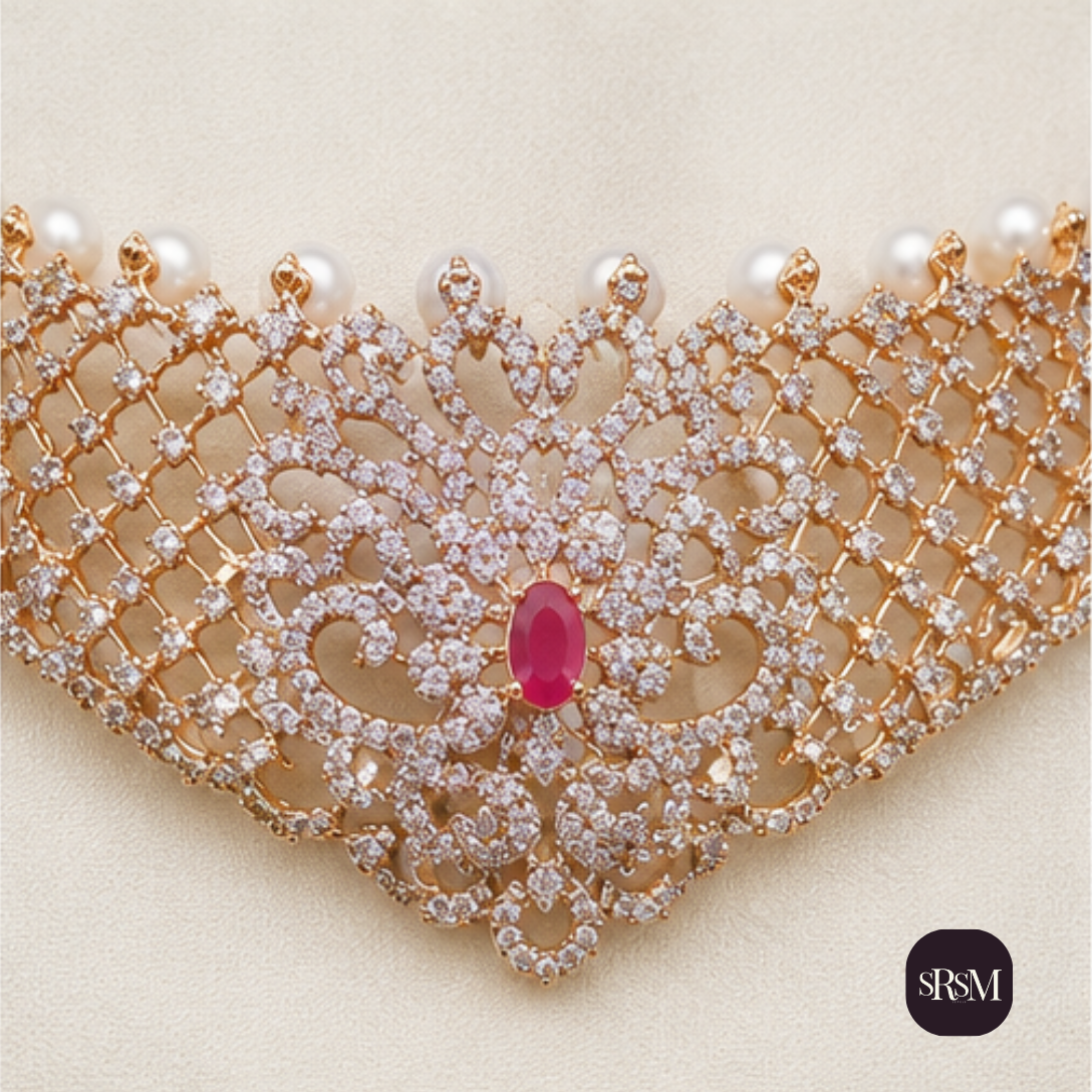 Elegant Ruby American Diamond Necklace with Gold Link Chain | Designer Party Wear Jewellery - Image 6