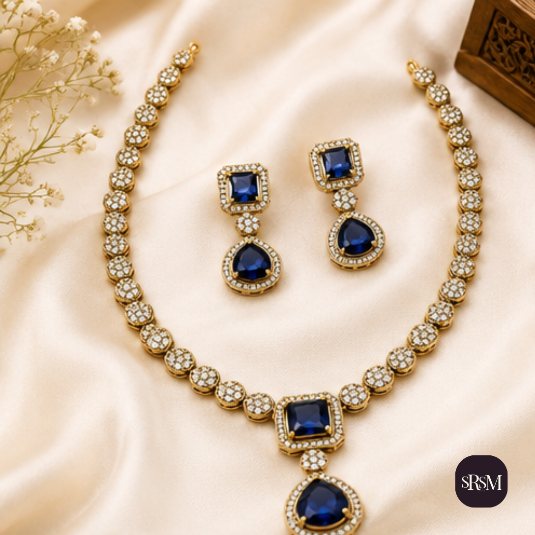 Elegant Blue American Diamond Necklace Set with Halo Pendant & Matching Earrings | Gold Finish Party Wear Jewellery