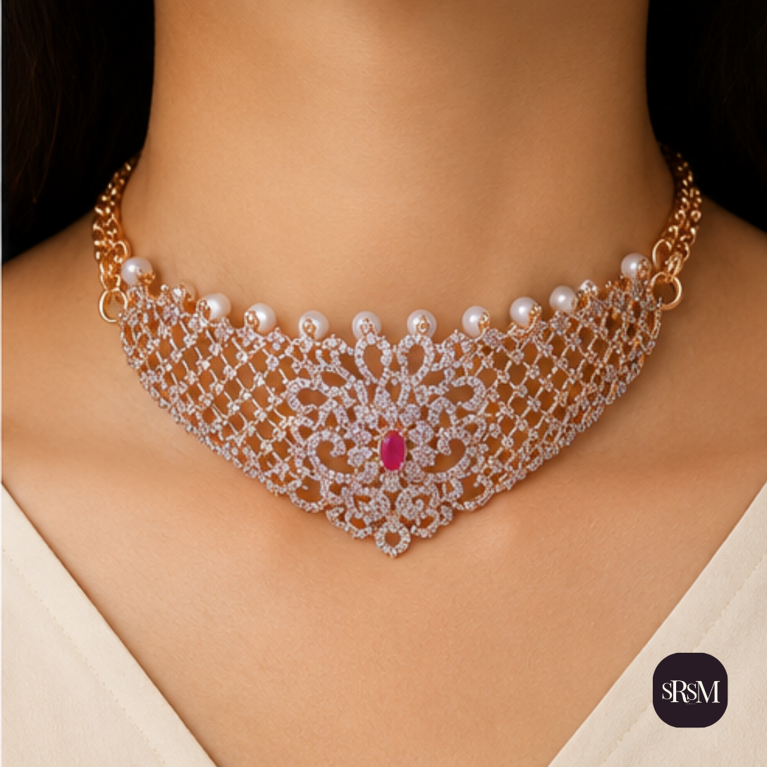 Elegant Ruby American Diamond Necklace with Gold Link Chain | Designer Party Wear Jewellery - Image 5