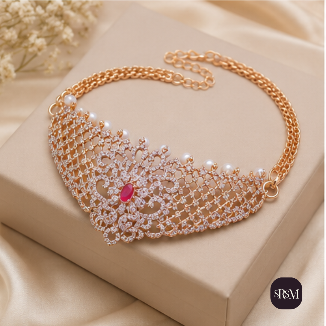 Elegant Ruby American Diamond Necklace with Gold Link Chain | Designer Party Wear Jewellery - Image 4