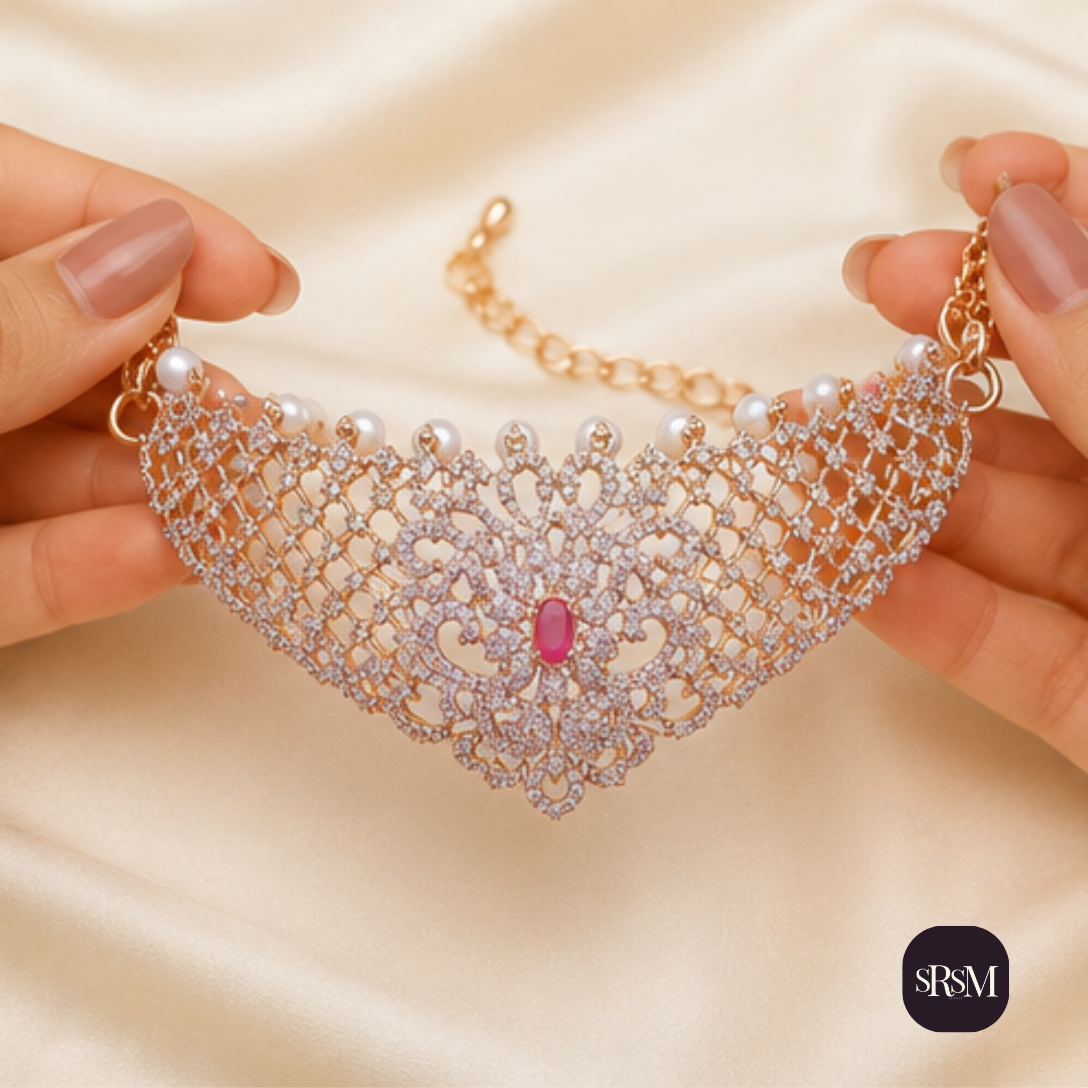 Elegant Ruby American Diamond Necklace with Gold Link Chain | Designer Party Wear Jewellery - Image 3