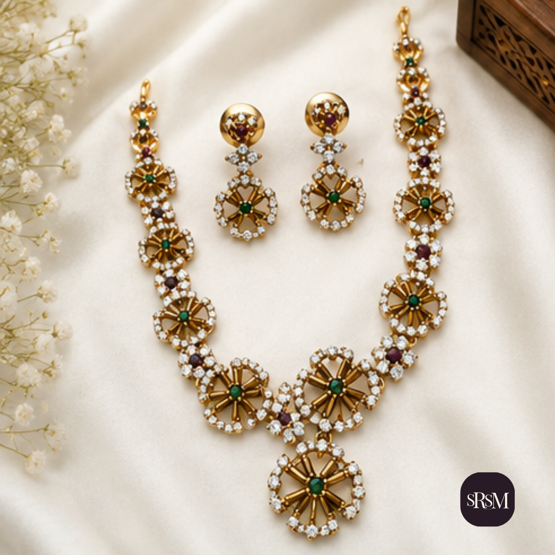 Elegant Ruby & Emerald Floral Collar Necklace Set | Gold Finish Designer Jewellery