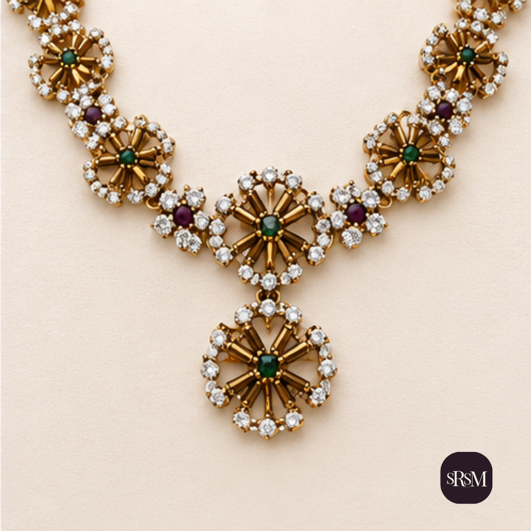 Elegant Ruby & Emerald Floral Collar Necklace Set | Gold Finish Designer Jewellery - Image 6