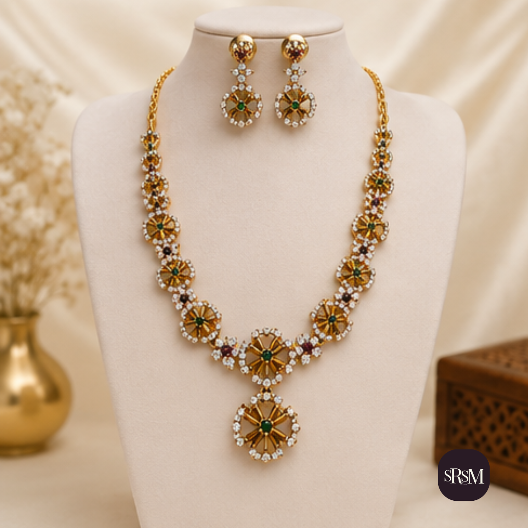 Elegant Ruby & Emerald Floral Collar Necklace Set | Gold Finish Designer Jewellery - Image 4