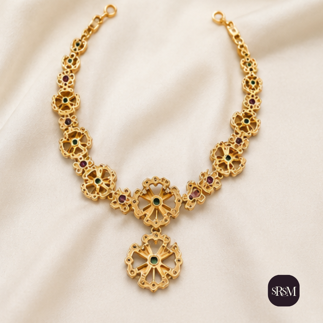 Elegant Ruby & Emerald Floral Collar Necklace Set | Gold Finish Designer Jewellery - Image 2