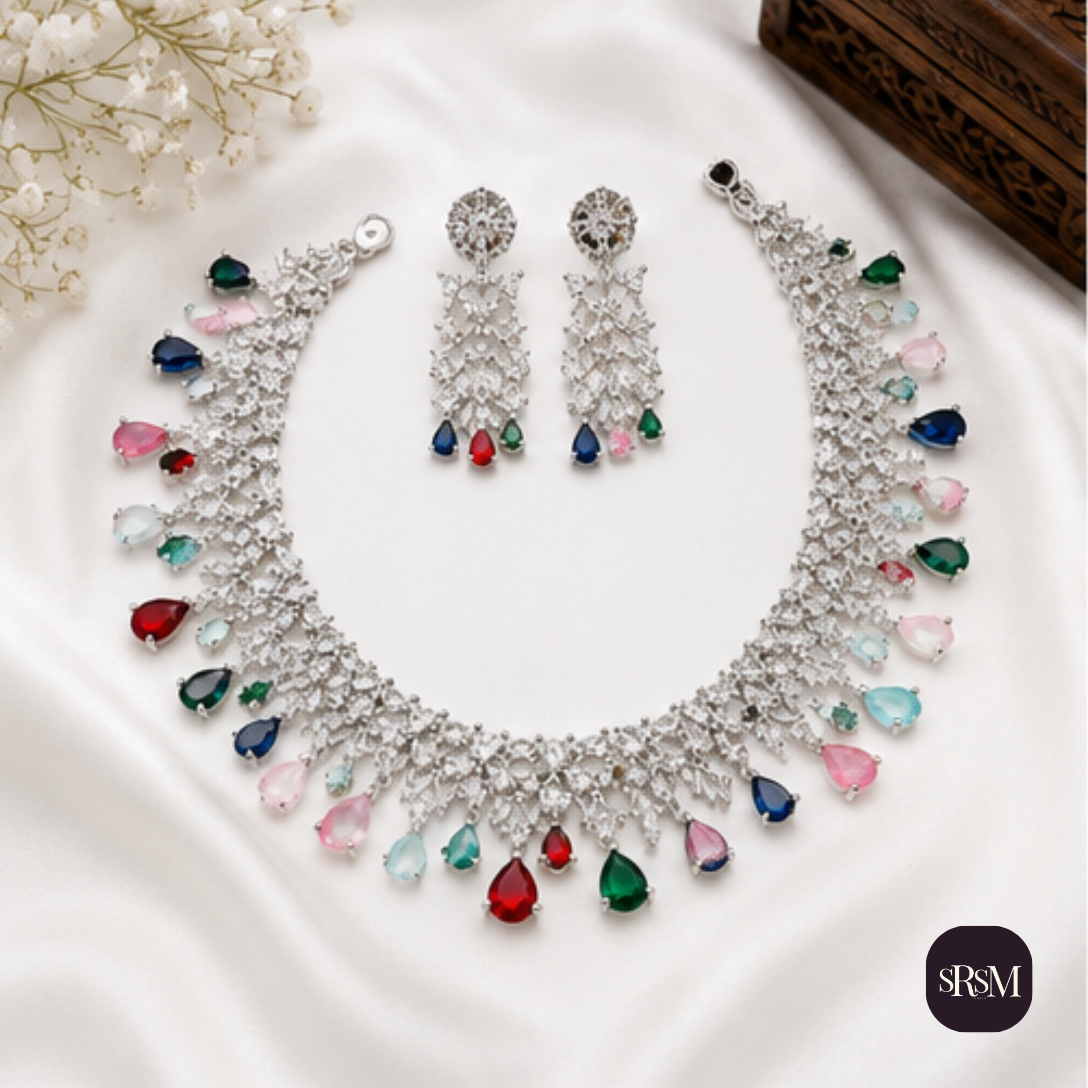 Luxury American Diamond Statement Necklace Set with Multi-Color Stones | Rhodium Plated Designer Jewellery