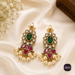 Traditional Kundan Emerald & Ruby Pearl Drop Earrings
