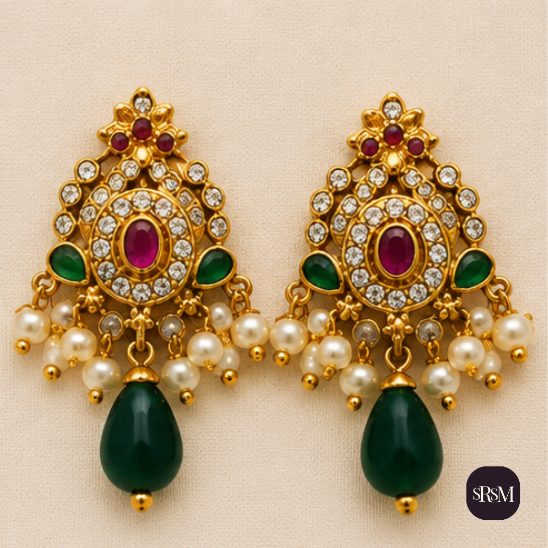 Traditional Kundan Jadau Drop Earrings with Ruby & Green Onyx | Gold Plated Ethnic Earrings - Image 6
