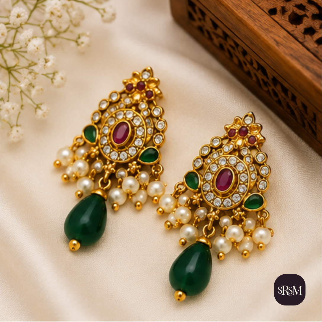 Traditional Kundan Jadau Drop Earrings with Ruby & Green Onyx | Gold Plated Ethnic Earrings - Image 5
