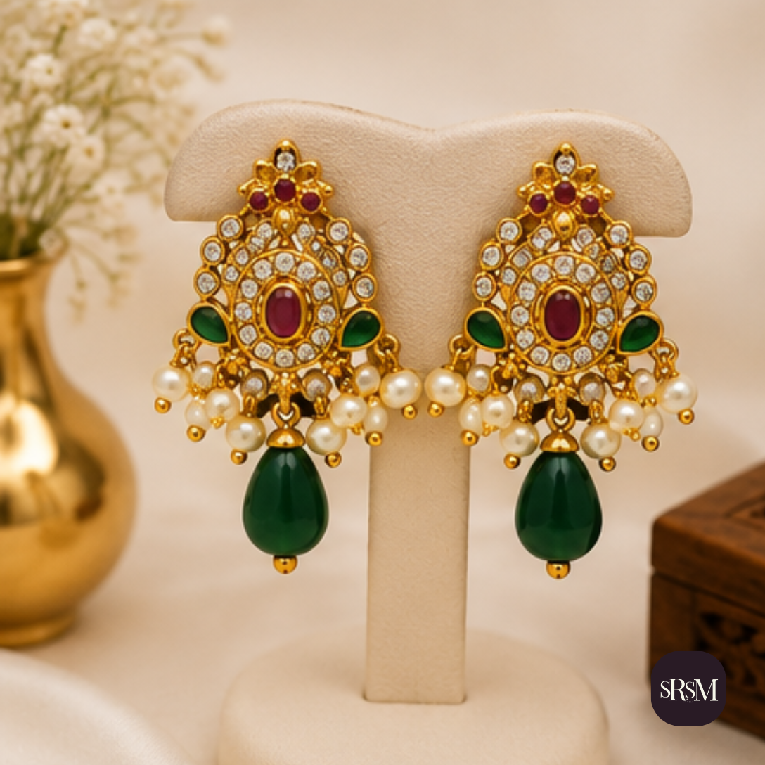 Traditional Kundan Jadau Drop Earrings with Ruby & Green Onyx | Gold Plated Ethnic Earrings - Image 4