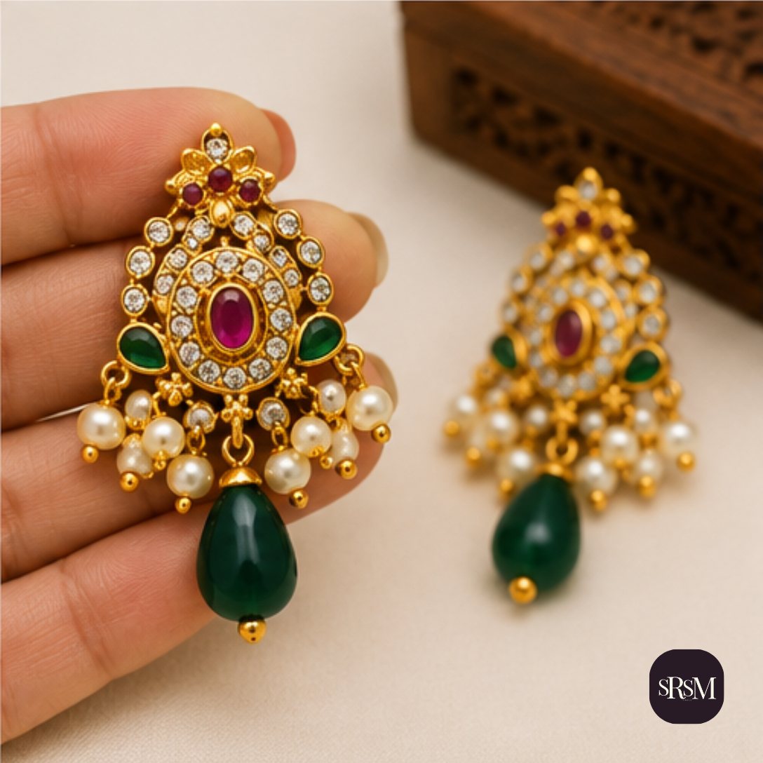 Traditional Kundan Jadau Drop Earrings with Ruby & Green Onyx | Gold Plated Ethnic Earrings - Image 3