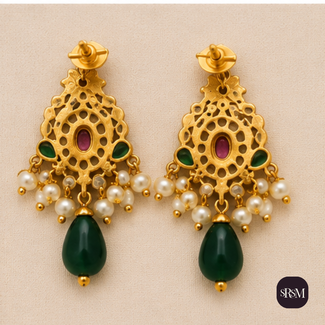 Traditional Kundan Jadau Drop Earrings with Ruby & Green Onyx | Gold Plated Ethnic Earrings - Image 2