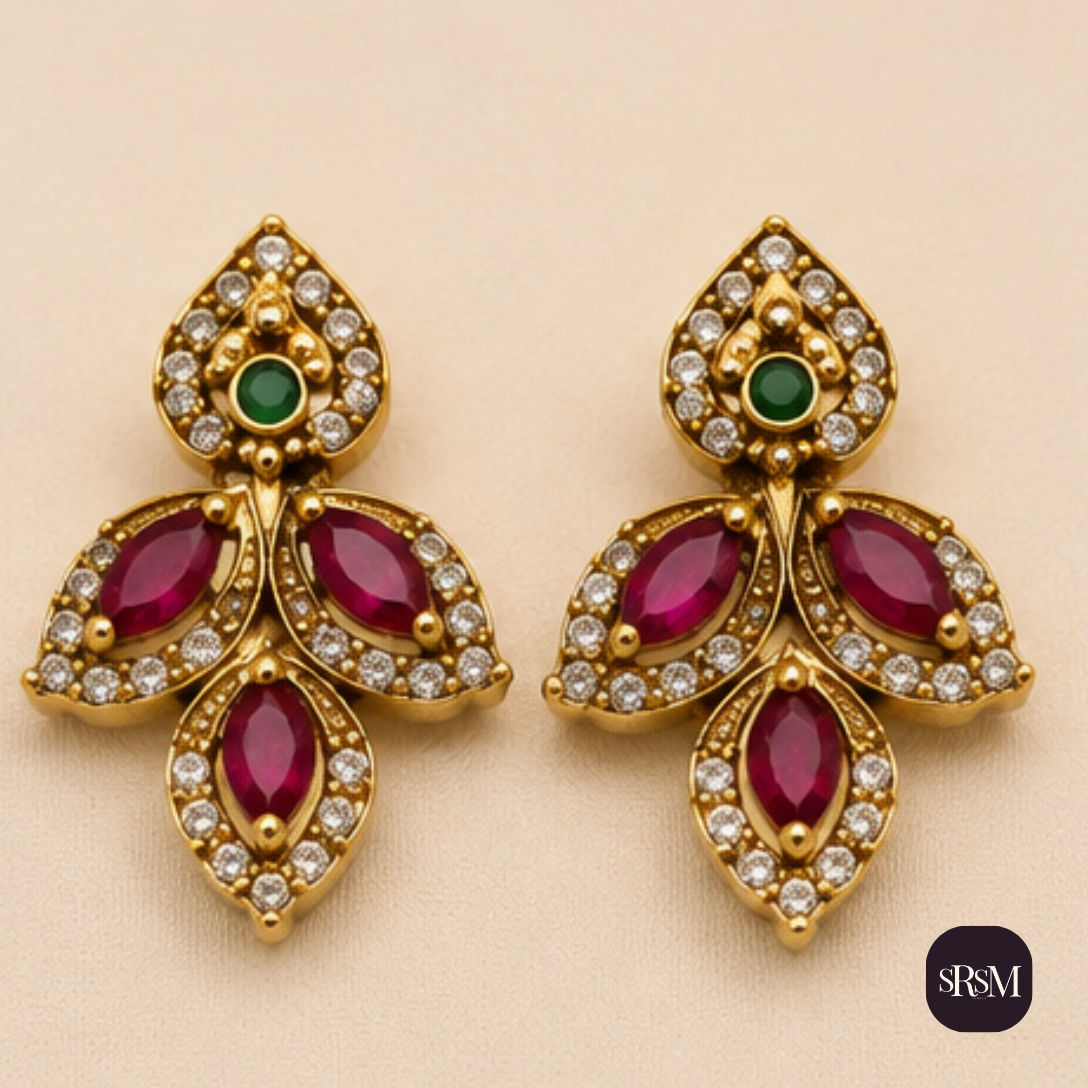 Traditional Leaf Floral American Diamond Drop Earrings with Ruby | Gold Plated Designer Earrings - Image 6
