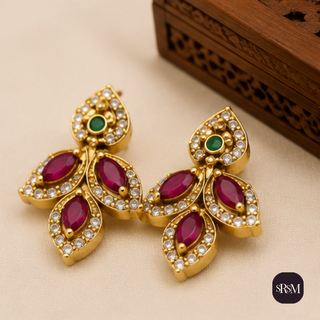 Traditional Leaf Floral American Diamond Drop Earrings with Ruby | Gold Plated Designer Earrings - Image 5