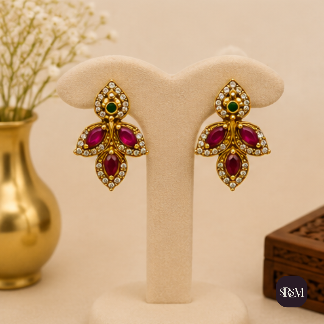 Traditional Leaf Floral American Diamond Drop Earrings with Ruby | Gold Plated Designer Earrings - Image 4