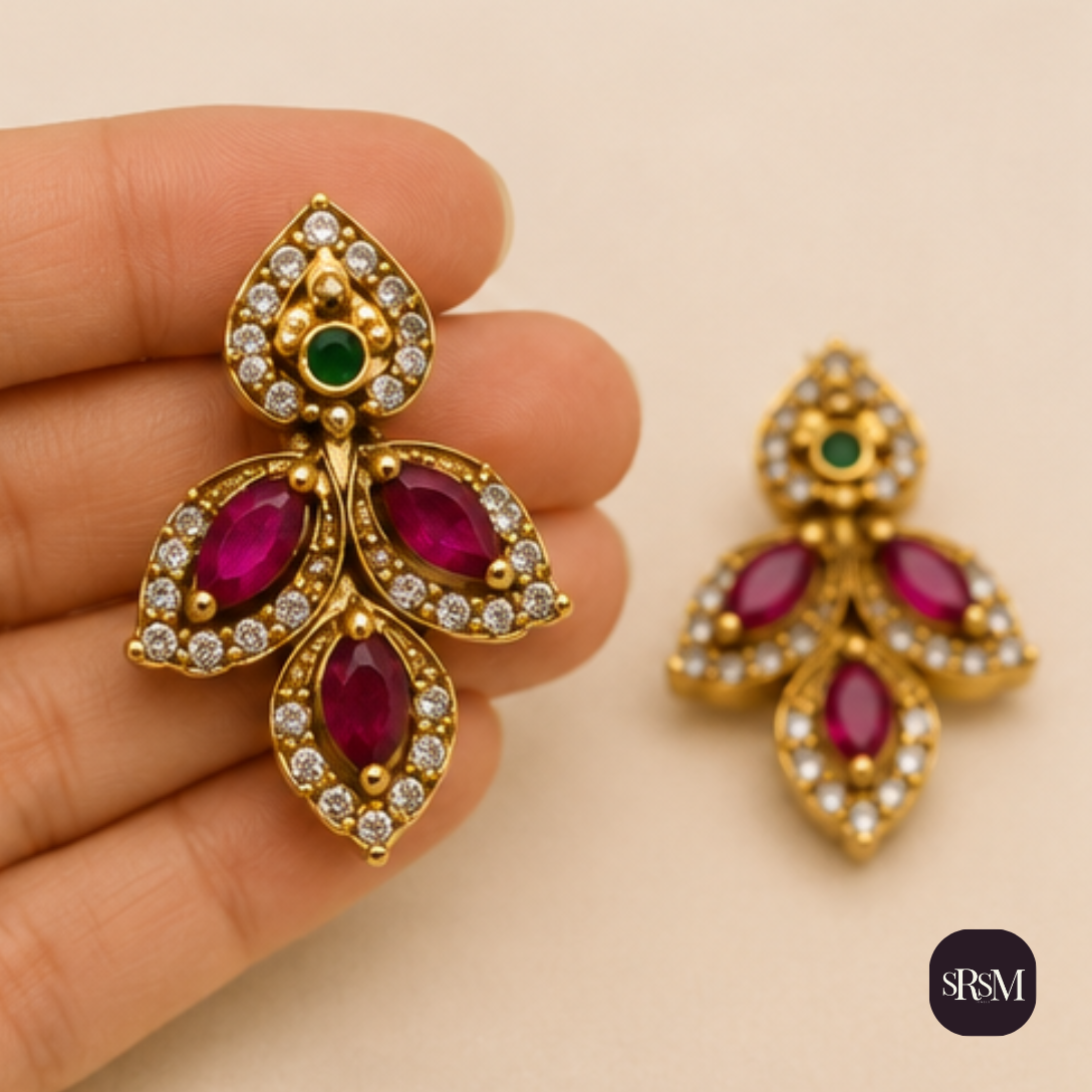 Traditional Leaf Floral American Diamond Drop Earrings with Ruby | Gold Plated Designer Earrings - Image 3