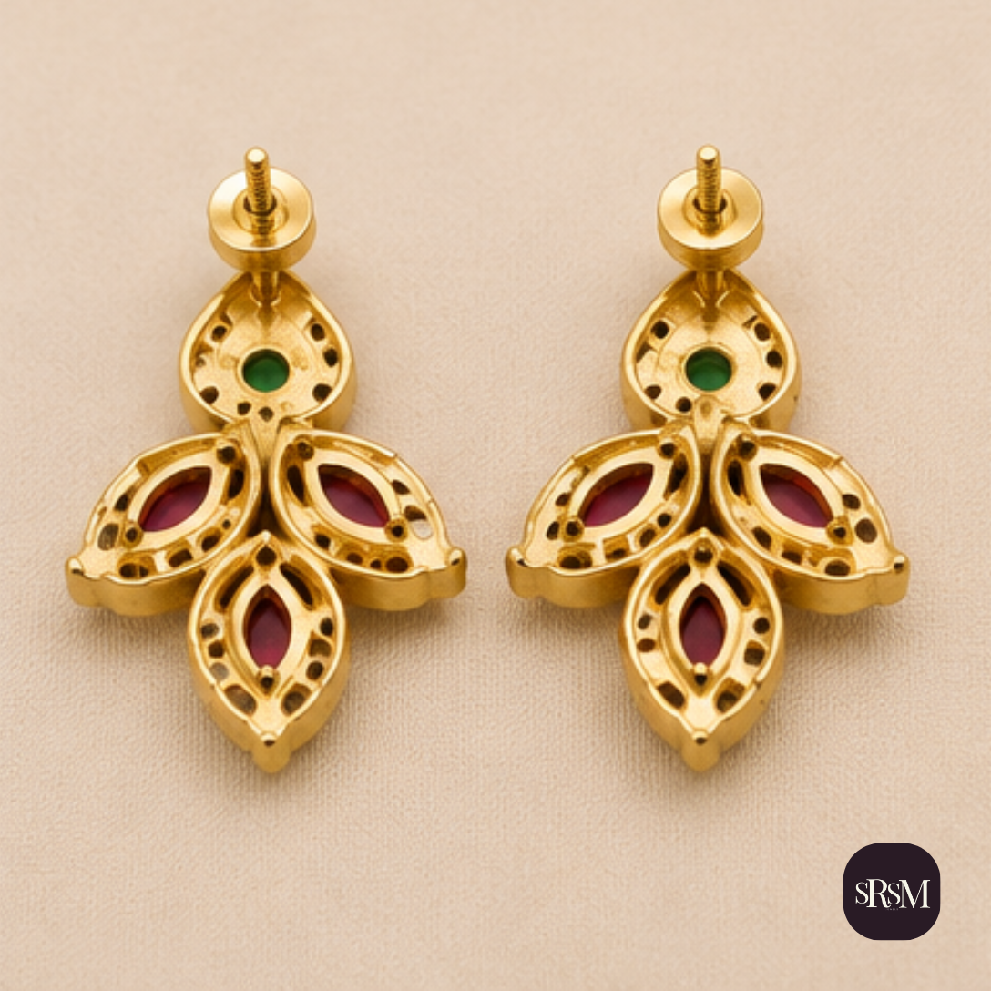 Traditional Leaf Floral American Diamond Drop Earrings with Ruby | Gold Plated Designer Earrings - Image 2