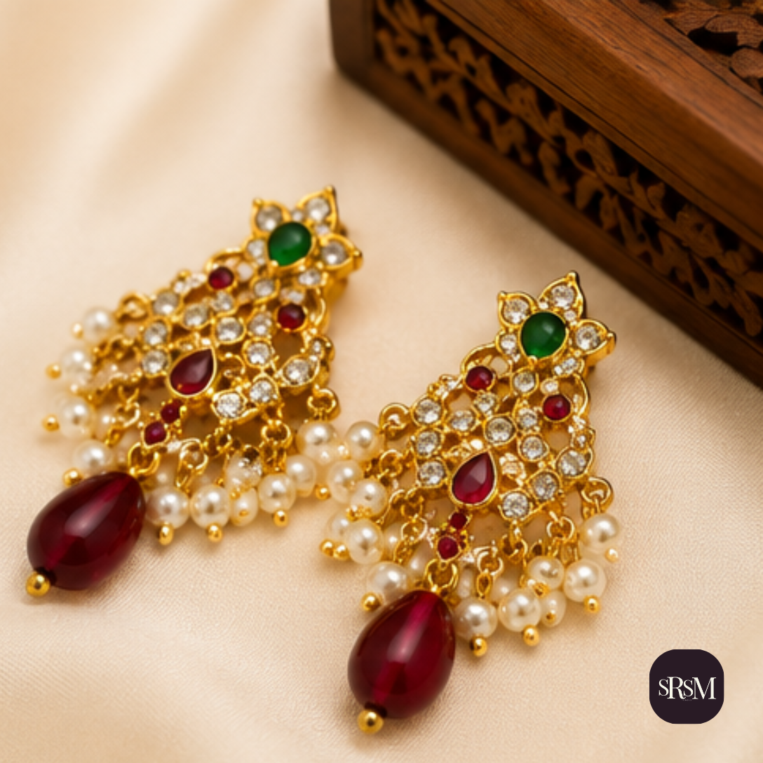 Traditional Chandelier American Diamond Earrings with Ruby Stones | Gold Plated Party Wear Earrings - Image 5