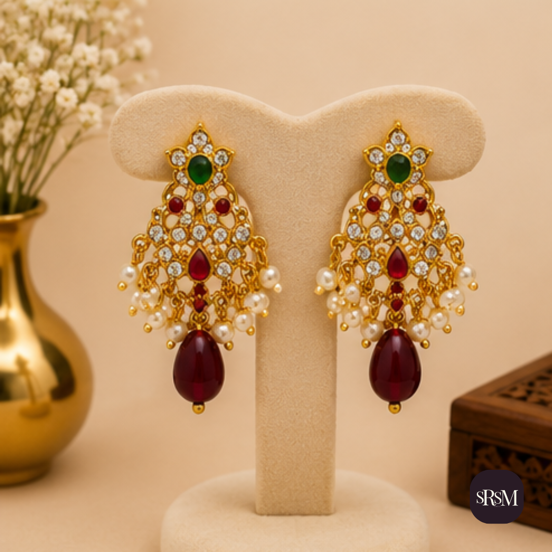 Traditional Chandelier American Diamond Earrings with Ruby Stones | Gold Plated Party Wear Earrings - Image 4
