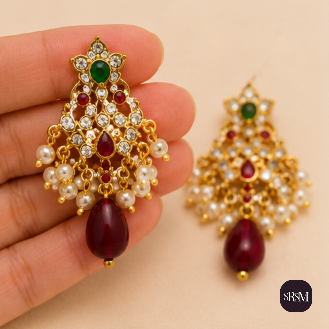 Traditional Chandelier American Diamond Earrings with Ruby Stones | Gold Plated Party Wear Earrings - Image 3